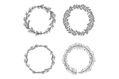 Circle leaf frames. Black round natural borders, floral wreath set iso