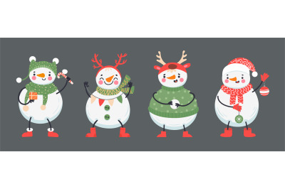 Cute christmas snowmen in winter clothes holding holiday attribu