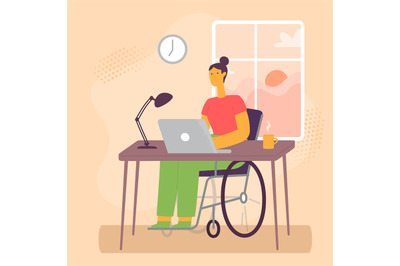 Disabled woman working on laptop. Cartoon young girl on wheelchair wor