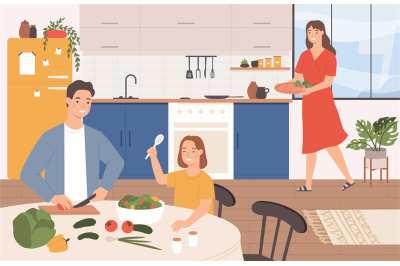 Family cooking together. Cartoon happy parents and daughter making din