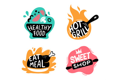 Food menu logotype. Cooking labels with kitchen utensils and text. Cul