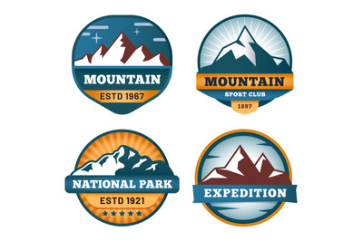 Mountain labels. Snowy rock tops, outdoor adventure emblems. Sport clu