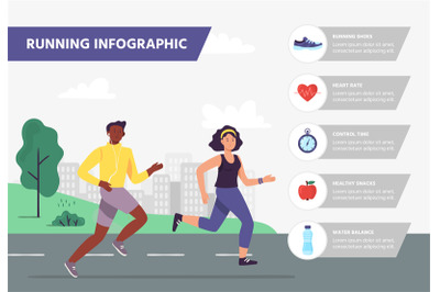 Run infographic. Man and woman running marathon. Athletes jogging outd