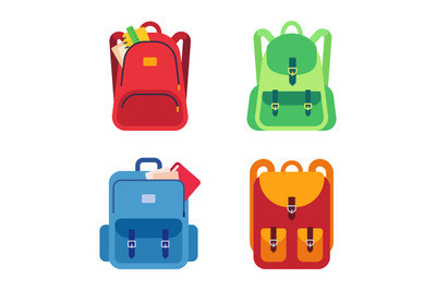 School bags, childish backpacks with stationery and notebooks. Kids co