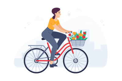 Woman rides bicycle with bouquet in basket. Cheerful girl cyclist movi