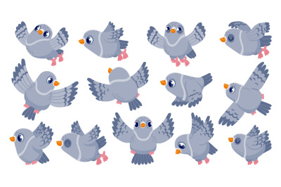 Flying pigeon. Cartoon bird character in flight, cute mascot with funn