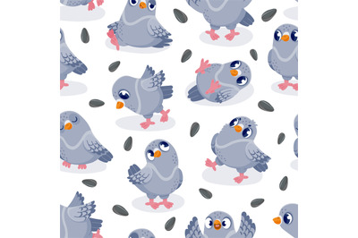 Pigeon pattern. Seamless print of cartoon colorful cute bird with funn