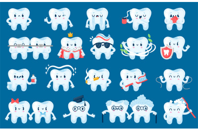 Tooth care character. Cute cartoon teeth with happy faces for dental h