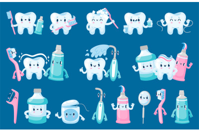 Dental care characters. Tooth toothbrush toothpaste dental floss cute