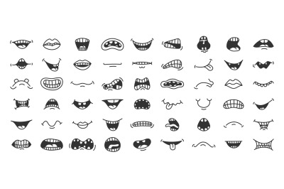 Doodle smile. Cartoon mouth with different face expression, laugh ange