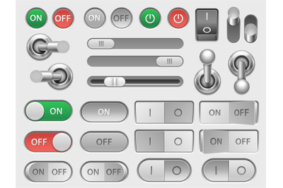 Toggle switch. On off slider and adjustable button, user interface ske