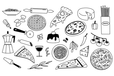 Doodle Italian food. National cuisine background with spaghetti pasta