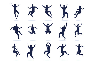 Jumping people silhouette. Happy active dancing men and women celebrat