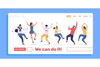 Jumping people landing. Web page template with happy friends dancing t