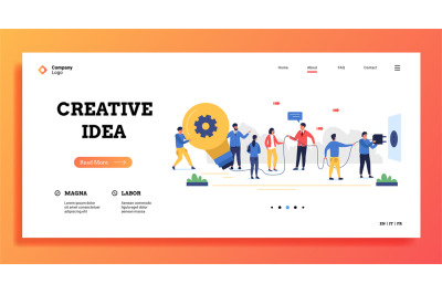 Creative idea landing. Web site template with group of coworkers worki