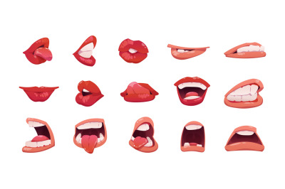 Mouth expression. Cartoon face emotion with open and clothed mouth lip