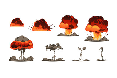 Explosion animation kit. Cartoon bomb detonation comic effect with fir