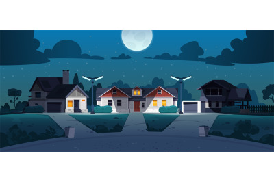 Suburban night street. Cartoon neighborhood country houses with lawn b