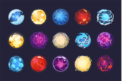 Cartoon energy spheres. Magic fantasy orb asset for 2D game, witchcraf