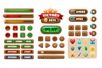 Cartoon game UI. Wooden interface buttons icons panels progress-bars c