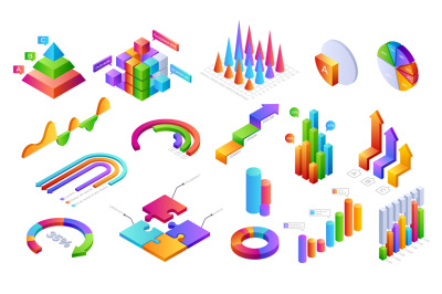 Infographic 3D elements. Isometric graphic charts progress bars with p