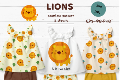 Seamless pattern vector with cute lion kawaii clipart