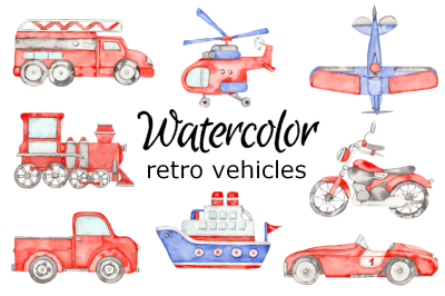 Retro vehicles watercolor clipart transport car truck train plain boat