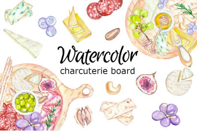 Charcuterie board watercolor clipart cheese salami food