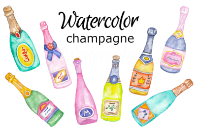 Watercolor champagne clipart bottle glass drink bar menu