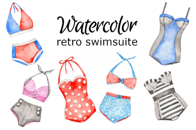Watercolor swimsuit clipart bikini vintage retro