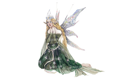 Watercolor Fairy in Green Dress - Kids Art PNG Object