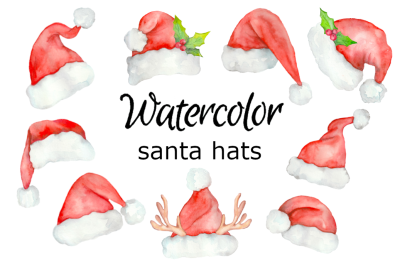 Santa hats watercolor clipart