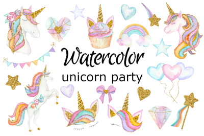 Unicorn party watercolor clipart