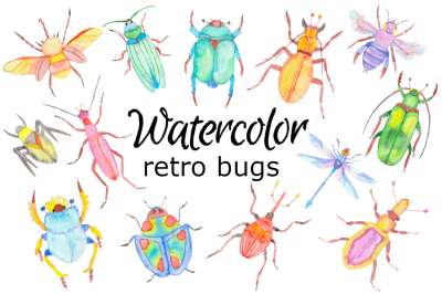 Watercolor retro bugs clipart