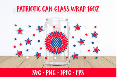 Patriotic Sunflower can glass wrap SVG. 4th of July glass can