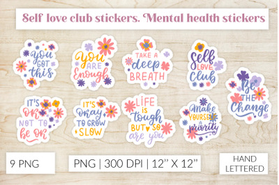 Self love club stickers. Mental health flowers stickers
