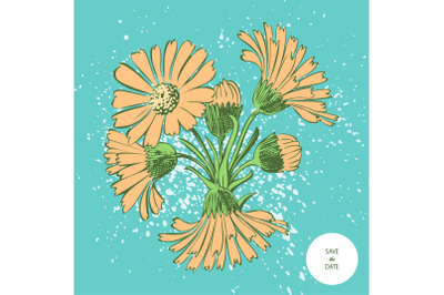 Attractively arranged bunch of flowers.Drawn yellow Chrysanthemum flow