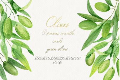 Watercolor green olives  frame, wreath, card