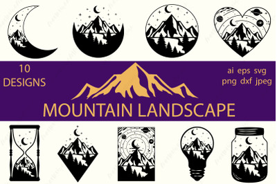 Mountain landscape bundle, Outdoor svg, Nature silhouette