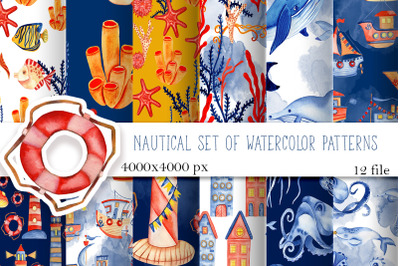 Nautical set of watercolor patterns