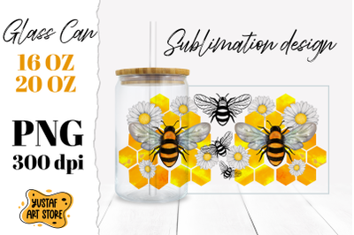 Chamomile, Honeycomb &amp; Bee Glass Can Sublimation Design