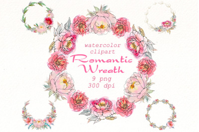 Peonies wreath PNG clipart bundle | Watercolor floral peony.