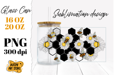 Chamomile, Honeycomb &amp; Bee Glass Can Sublimation PNG