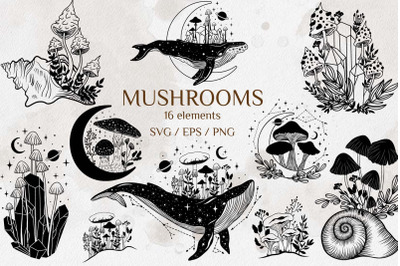 Mystical mushroom svg, mystical whale, moon svg, files for Cricut
