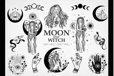 Boho moon svg, svg witch, witch&#039;s hand, Mystical SVG