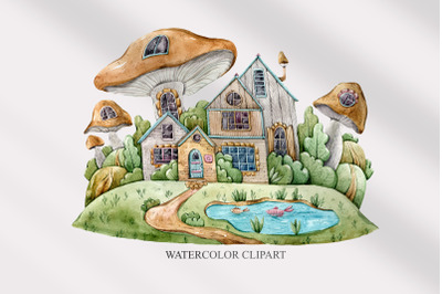 Watercolor cute mushroom house clipart/ illustration - 1 png