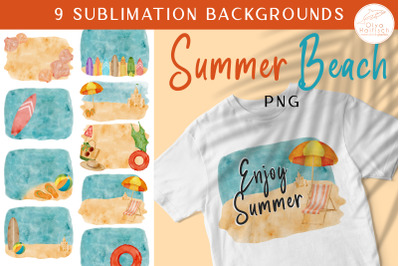 Summer Sublimation Backgrounds PNG Bundle. Watercolor Beach, Sea Water