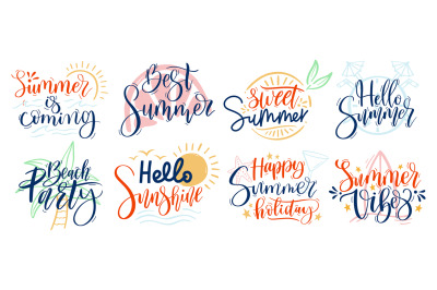 Summer lettering. Resort tags, hello summer text and beach party typog