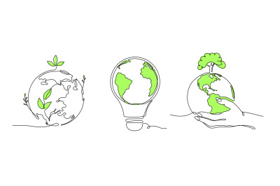 One line eco world. Globe ecology support, environment protection idea