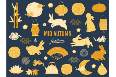 Mid autumn festival rabbits. Lotus mooncake&2C; asian moon with clouds an